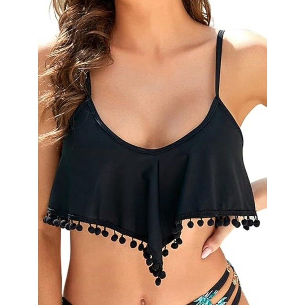 Flounce Bikini Swim Top Black XL Pom-Pom Tassel Fringe Built-In Shelf Bra Boho
